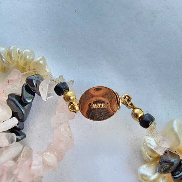 Pearl Rose Quartz Pink Hematite Necklace Choker beaded 14K Yellow Gold Filled - Picture 6 of 6